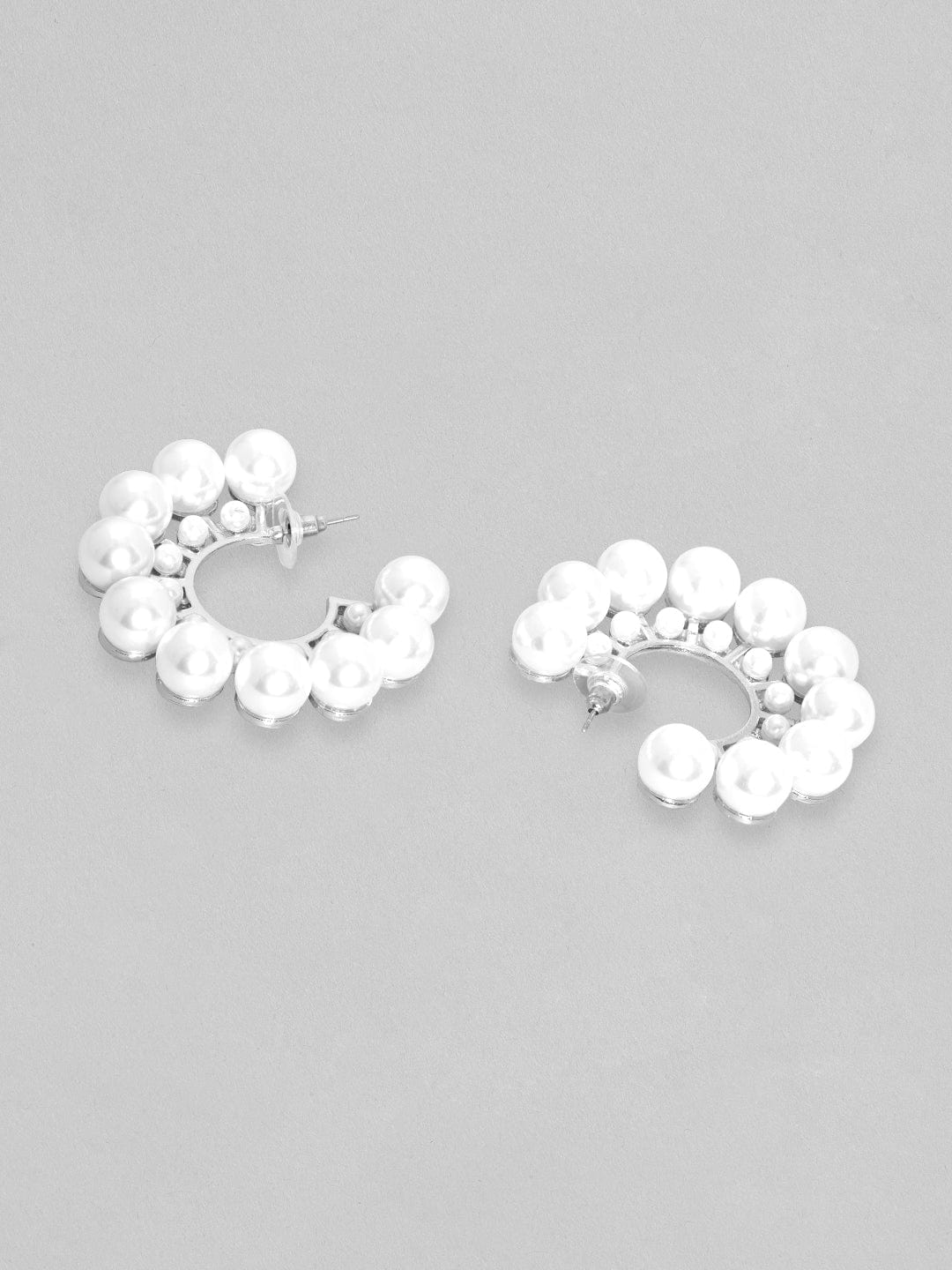 Rubans Voguish Silver Toned White Pearls Studded Hoop Earring Earrings