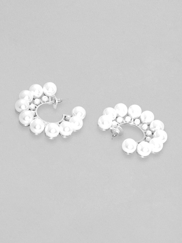 Rubans Voguish Silver Toned White Pearls Studded Hoop Earring Earrings