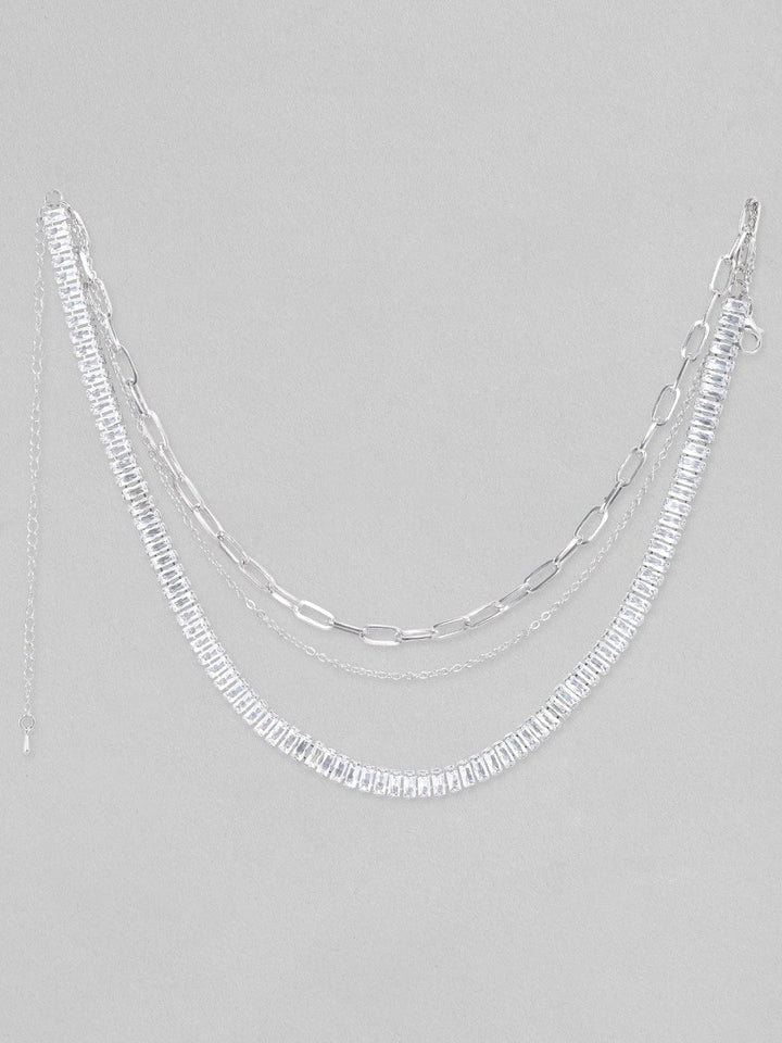 Rubans Voguish Silver Toned With Baguette And Round Zircon Stones Studded Layered Necklace. Chain & Necklaces