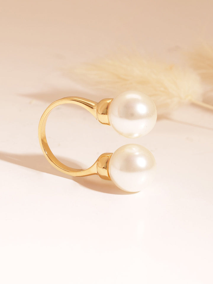 Rubans Voguish Stainless Steel 18 KT Gold Plated , Waterproof, tarnish-free , Dual Moon Drops Pearl Open Ring Rings