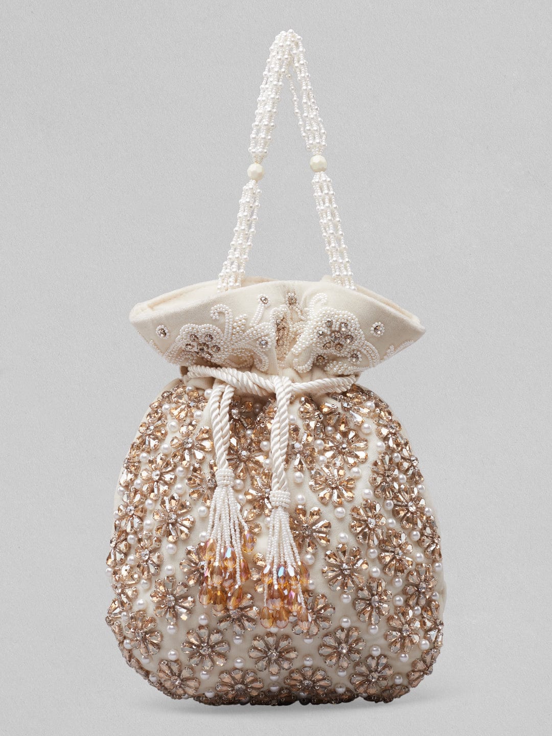 Rubans White And Golden Coloured Potli Bag With Embroided Design And Pearls. Handbag & Wallet Accessories