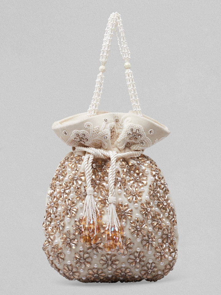 Rubans White And Golden Coloured Potli Bag With Embroided Design And Pearls. Handbag & Wallet Accessories