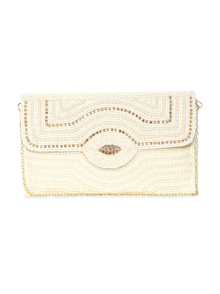 Rubans White Clutch Bags with Pearl and Stone Embellishment Handbag, Wallet Accessories & Clutches