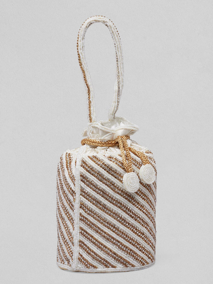Rubans White Coloured Potli Bag With Golden Embroided Design. Handbag & Wallet Accessories