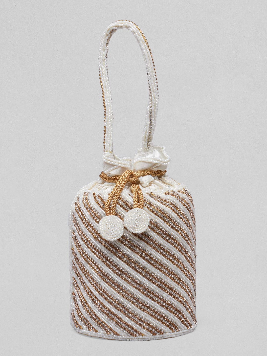 Rubans White Coloured Potli Bag With Golden Embroided Design. Handbag & Wallet Accessories