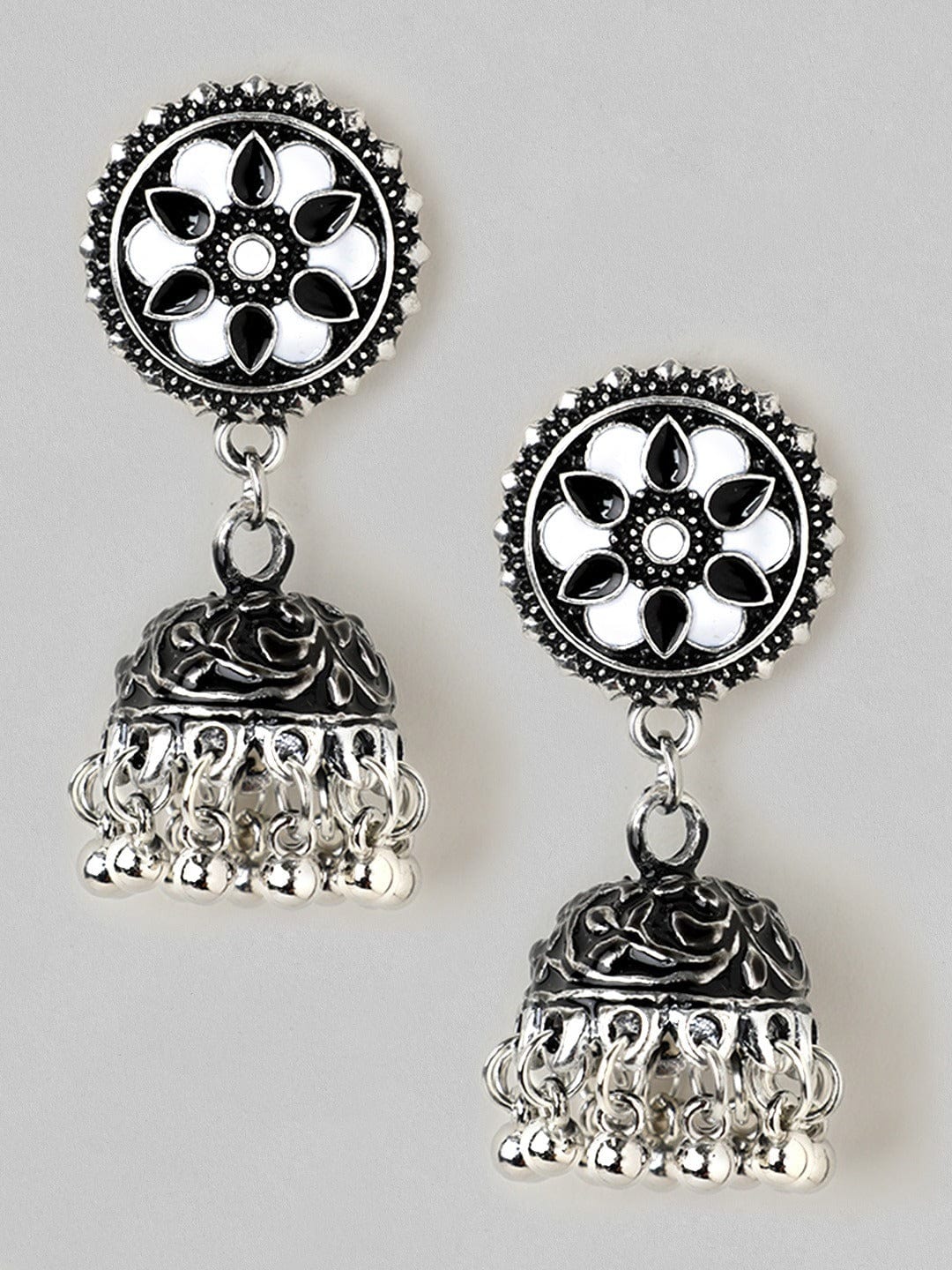 Rubans White Silver-Plated Oxidised Handcrafted Dome Shaped Jhumkas Earrings