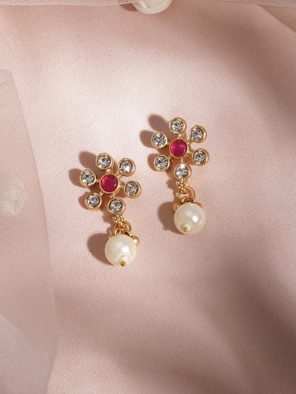 Rubans Women 22K Gold Plated Brass Metal Ruby Pink Stone Studded White Beaded Floral Necklace Set Jewellery Set