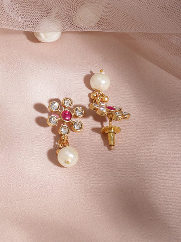 Rubans Women 22K Gold Plated Brass Metal Ruby Pink Stone Studded White Beaded Floral Necklace Set Jewellery Set