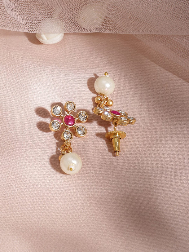 Rubans Women 22K Gold Plated Brass Metal Ruby Pink Stone Studded White Beaded Floral Necklace Set Jewellery Set