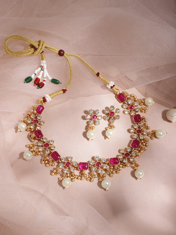 Rubans Women 22K Gold Plated Brass Metal Ruby Pink Stone Studded White Beaded Floral Necklace Set Jewellery Set