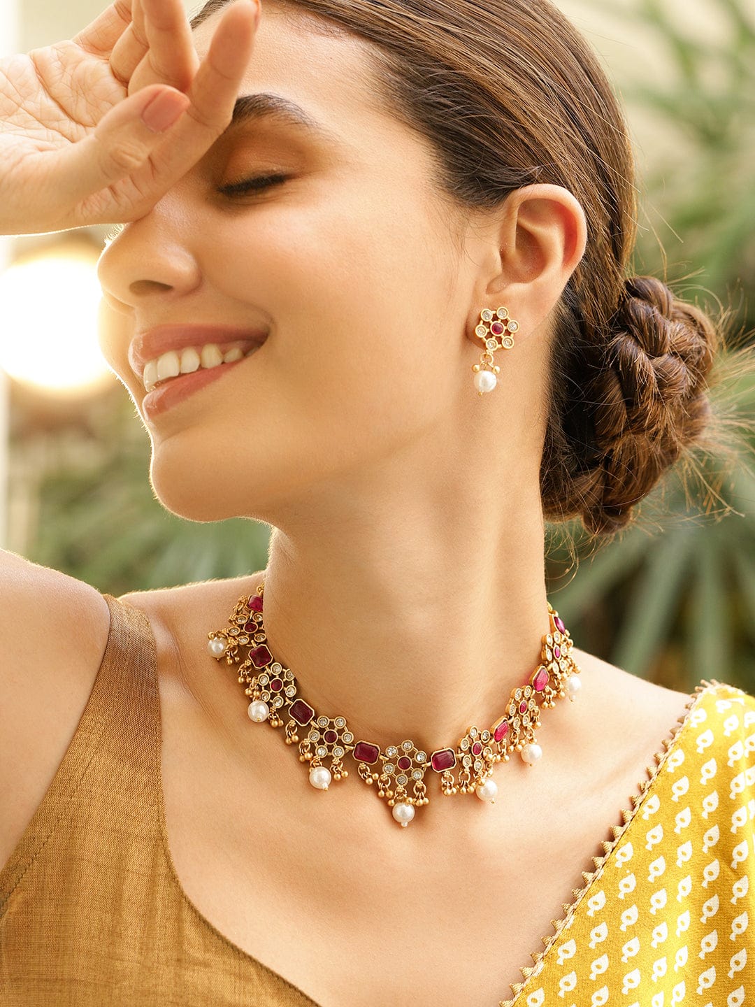 Rubans Women 22K Gold Plated Brass Metal Ruby Pink Stone Studded White Beaded Floral Necklace Set Jewellery Set