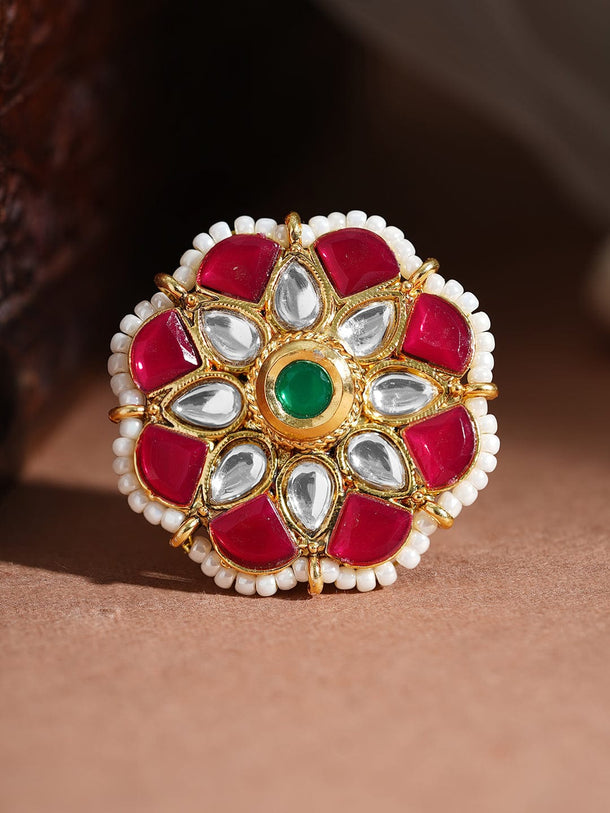 Rubans Women 22K Gold-Plated Kundan-Studded & Pearls Beaded Adjustable Finger Ring Rings