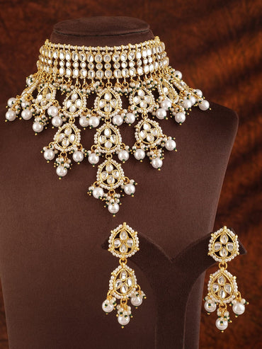 Rubans Women 22K Gold Plated Luxury Kundan Studded White Beaded Choker Necklace Set Necklace Sets