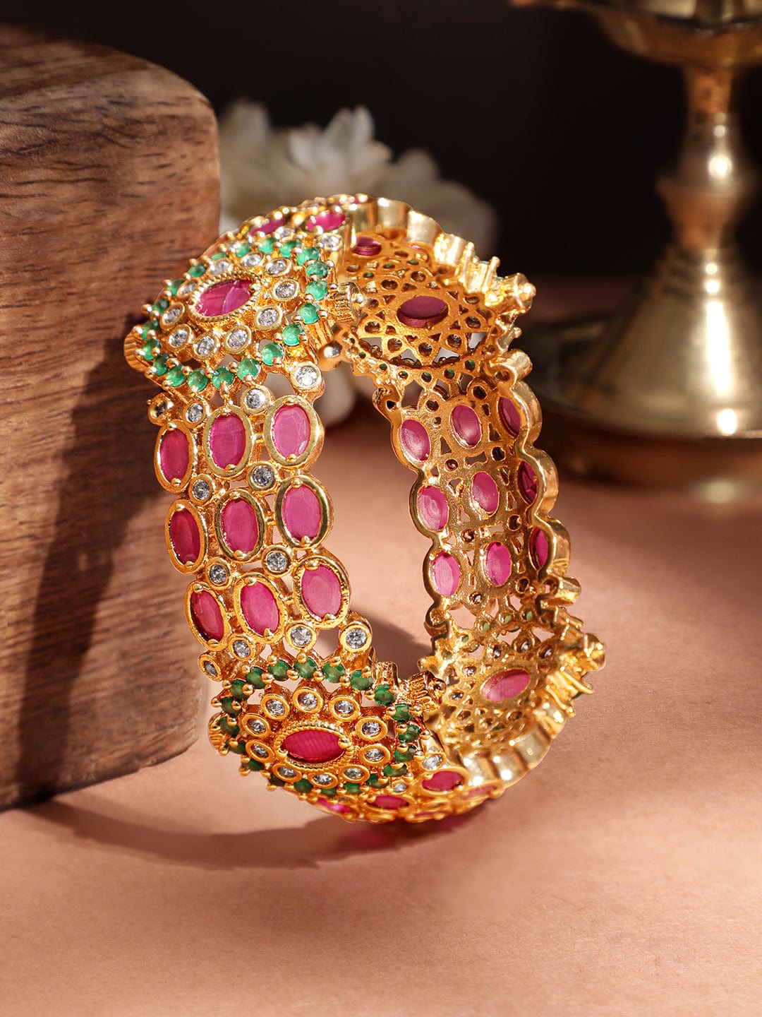 Rubans Women 22KT Gold Plated Brass Ruby And Green Stone Studded Bangle Bangle