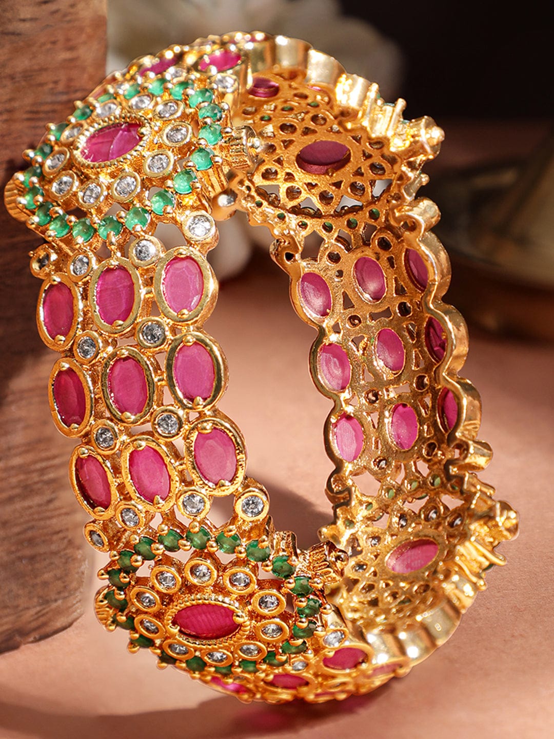 Rubans Women 22KT Gold Plated Brass Ruby And Green Stone Studded Bangle Bangle