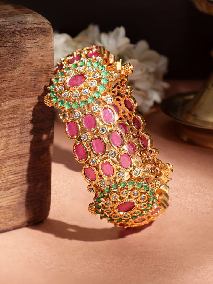 Rubans Women 22KT Gold Plated Brass Ruby And Green Stone Studded Bangle Bangle