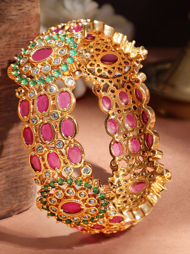 Rubans Women 22KT Gold Plated Brass Ruby And Green Stone Studded Bangle Bangle
