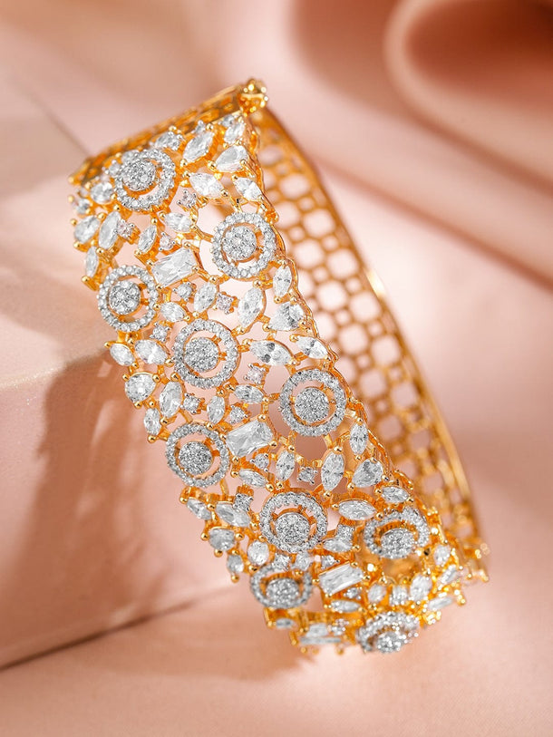 Rubans Women Brass Cubic Zirconia Handcrafted Gold-Plated Cuff Bracelet Wristwear