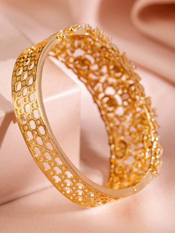 Rubans Women Brass Cubic Zirconia Handcrafted Gold-Plated Cuff Bracelet Wristwear