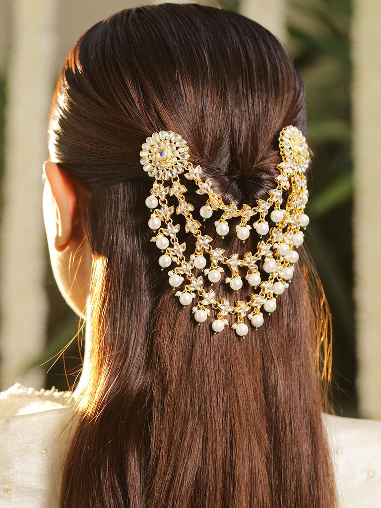 Ethnic Bridal Traditional Kundan Pearl Hair Jewelry Kundan Pearl Bridal Jhoomar Passa | Indian Wedding Headpiece  main image 4