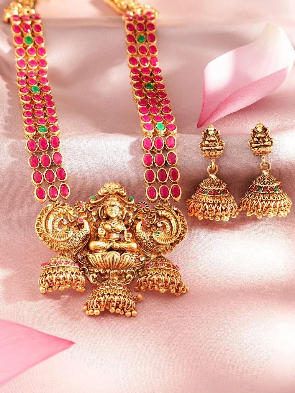 Rubans Women Gold-Plated & Green Faux Ruby Studded Handcrafted Jewellery Set Necklaces, Necklace Sets, Chains & Mangalsutra