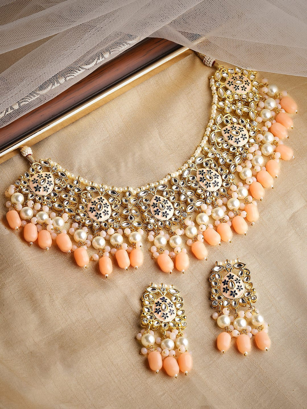 Rubans Women Gold-Plated Peach-Colored Kundan & Beaded Jewellery Set Necklace Set