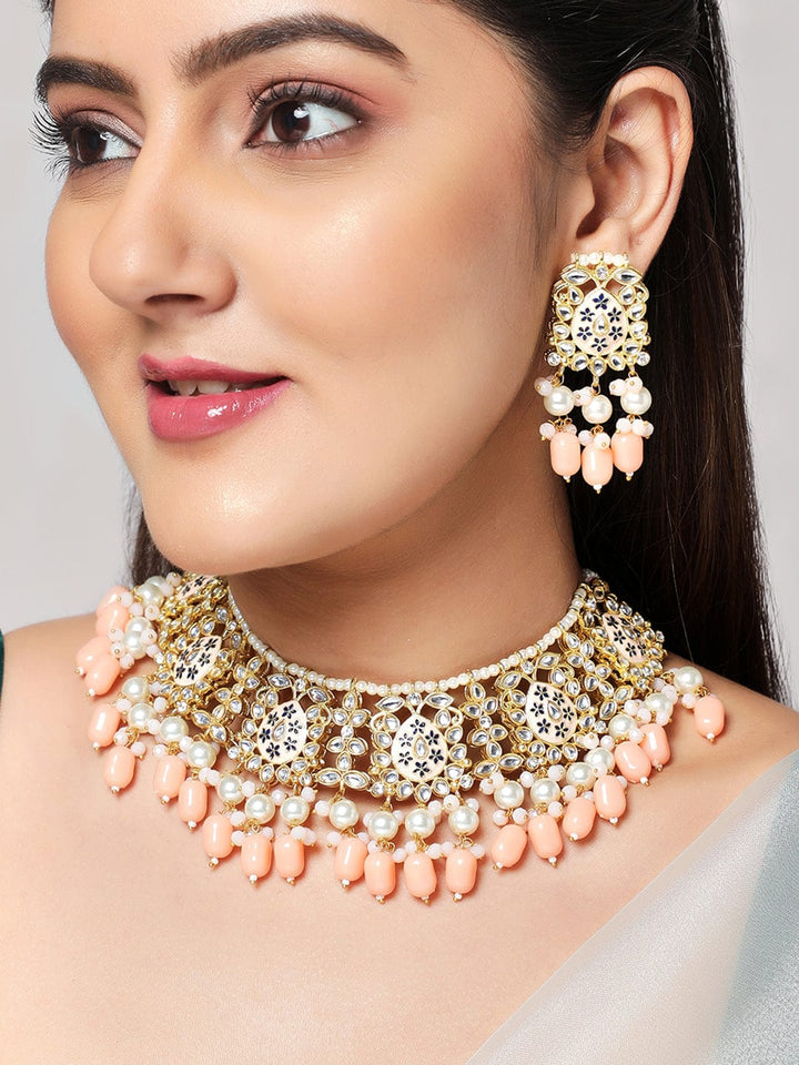 Rubans Women Gold-Plated Peach-Colored Kundan & Beaded Jewellery Set Necklace Set