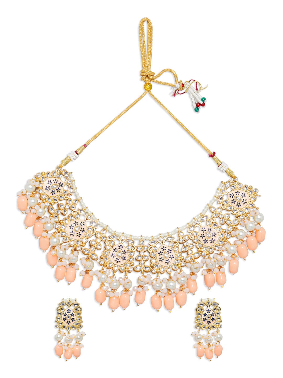 Rubans Women Gold-Plated Peach-Colored Kundan & Beaded Jewellery Set Necklace Set