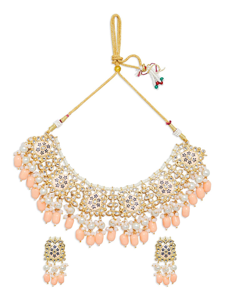 Rubans Women Gold-Plated Peach-Colored Kundan & Beaded Jewellery Set Necklace Set