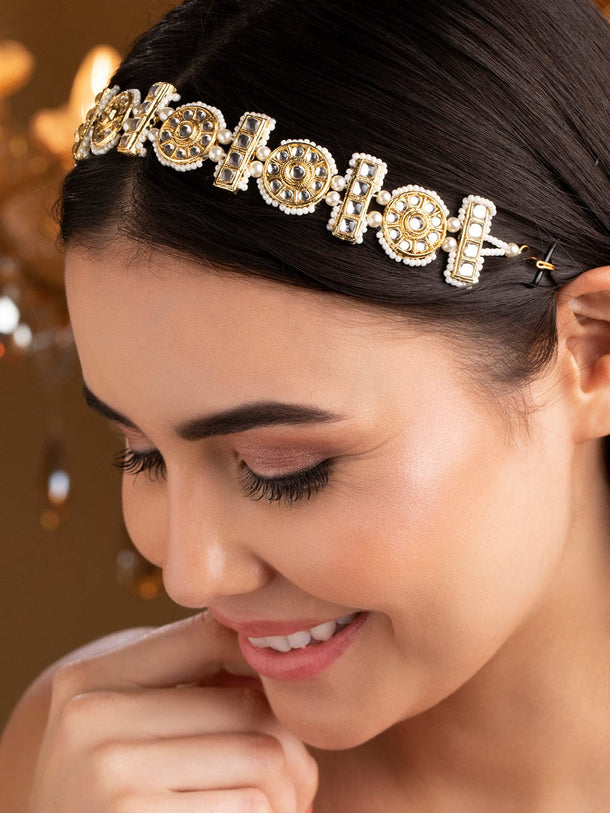 Rubans Women Gold-Plated White Stone Studded  Beaded Matha Patti HEAD JEWELLERY
