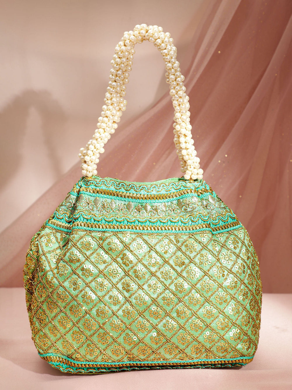 Rubans Women Green & Gold-Toned Embroidered Potli bag. Handbag, Wallet Accessories & Clutche