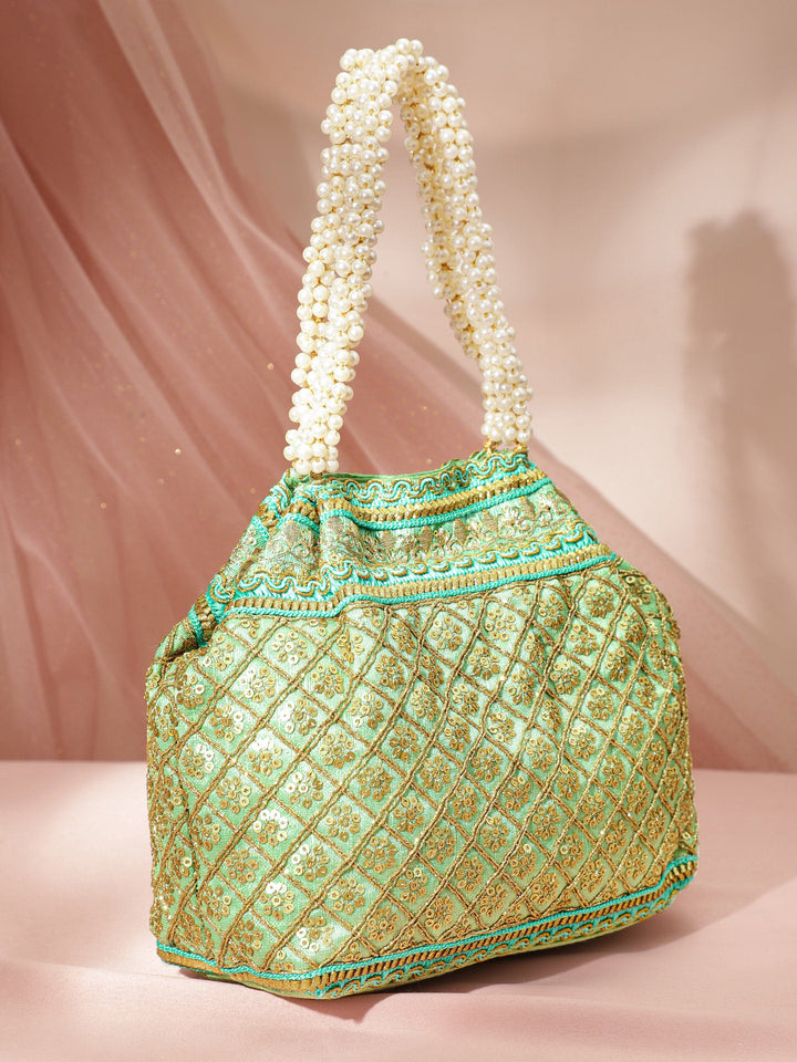 Rubans Women Green & Gold-Toned Embroidered Potli bag. Handbag, Wallet Accessories & Clutche