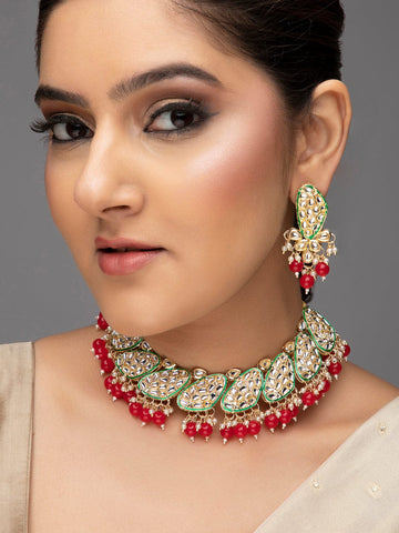 Rubans Women Maroon & Gold-Toned & Plated Kundan Necklace Set Jewellery Set