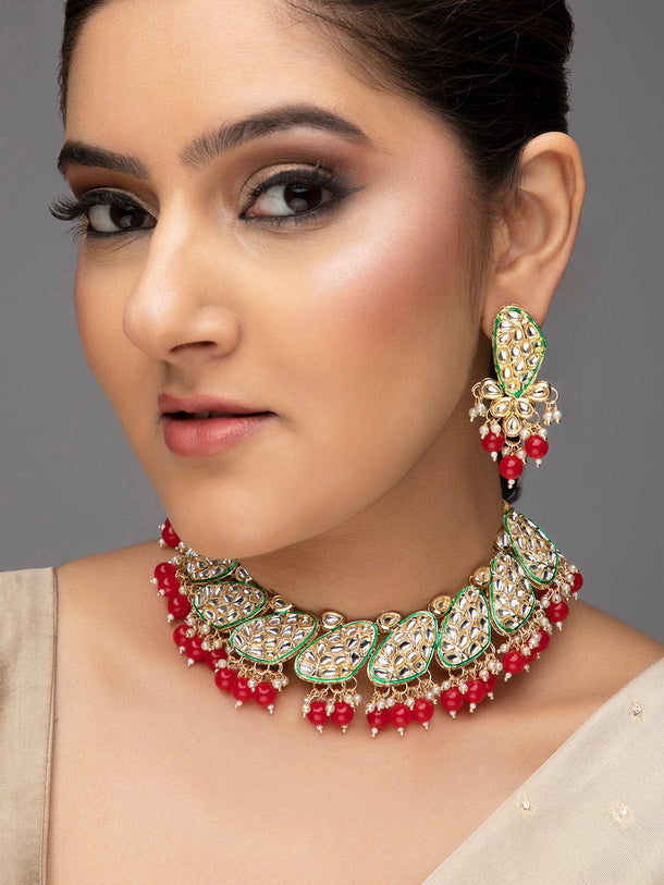 Rubans Women Maroon & Gold-Toned & Plated Kundan Necklace Set Jewellery Set