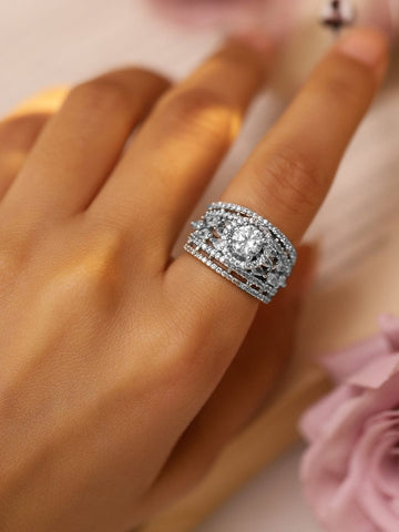 Rubans Women Rhodium Plated Cubic Zirconia Studded Adjustable Finger Ring Finger Rings