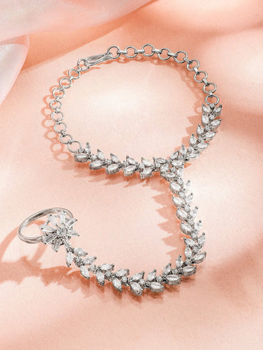 Rubans Women Rhodium Plated Cubic Zirconia Studded Ring Bracelet Bangles & Bracelets