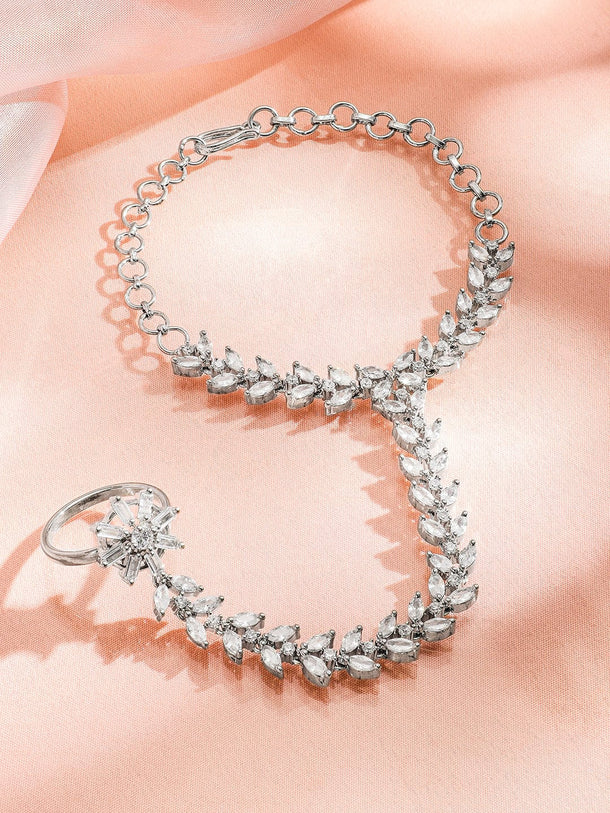 Rubans Women Rhodium Plated Cubic Zirconia Studded Ring Bracelet Bangles & Bracelets