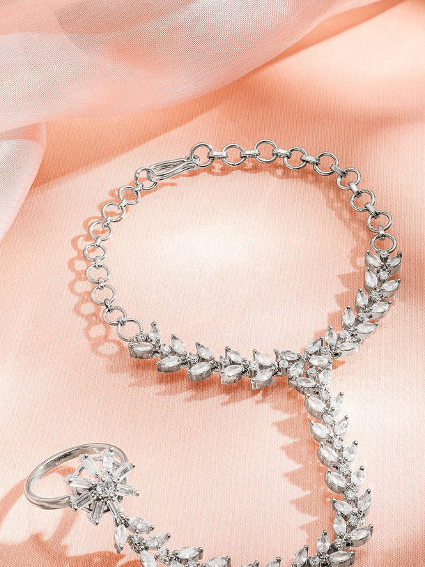 Rubans Women Rhodium Plated Cubic Zirconia Studded Ring Bracelet Bangles & Bracelets