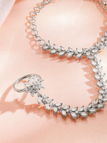 Rubans Women Rhodium Plated Cubic Zirconia Studded Ring Bracelet Bangles & Bracelets