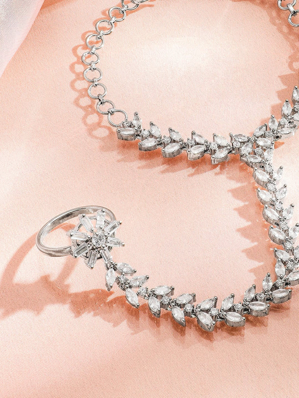 Rubans Women Rhodium Plated Cubic Zirconia Studded Ring Bracelet Bangles & Bracelets