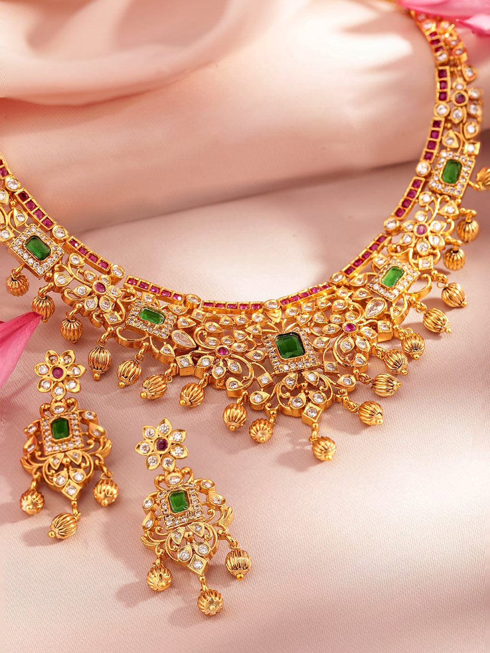 Rubans Women's 22K Gold-Plated Faux Ruby & Emerald Studded Beaded Jewellery Set Necklace and Earrings