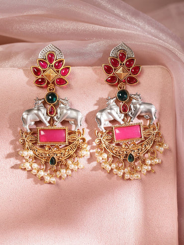 Rubans Women's Gold Plated with Pink Enameled Kundan Studded Cow Charm Chandabali Earrings Chandbali Earrings
