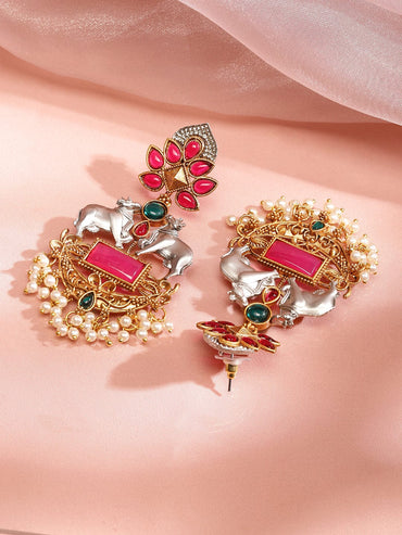 Rubans Women's Gold Plated with Pink Enameled Kundan Studded Cow Charm Chandabali Earrings Chandbali Earrings