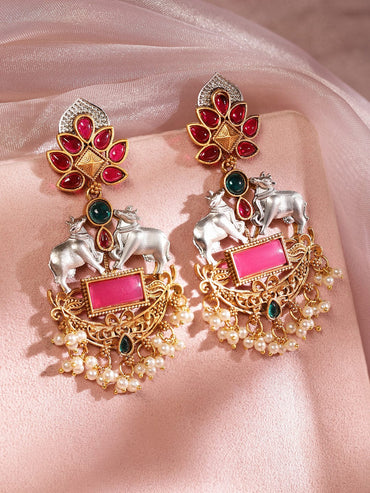 Rubans Women's Gold Plated with Pink Enameled Kundan Studded Cow Charm Chandabali Earrings Chandbali Earrings