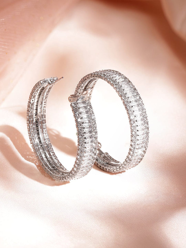 Rubans Women's Rhodium Plated Crystal And Zirconia Stone Studded Hoop Earrings Earrings Earrings