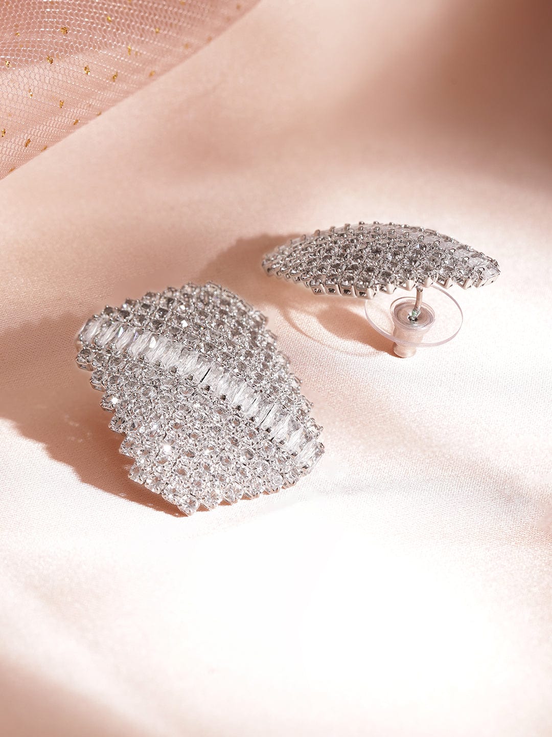 Rubans Women's Rhodium Plated Zirconia Studded Geometrical Stud Earrings Earrings
