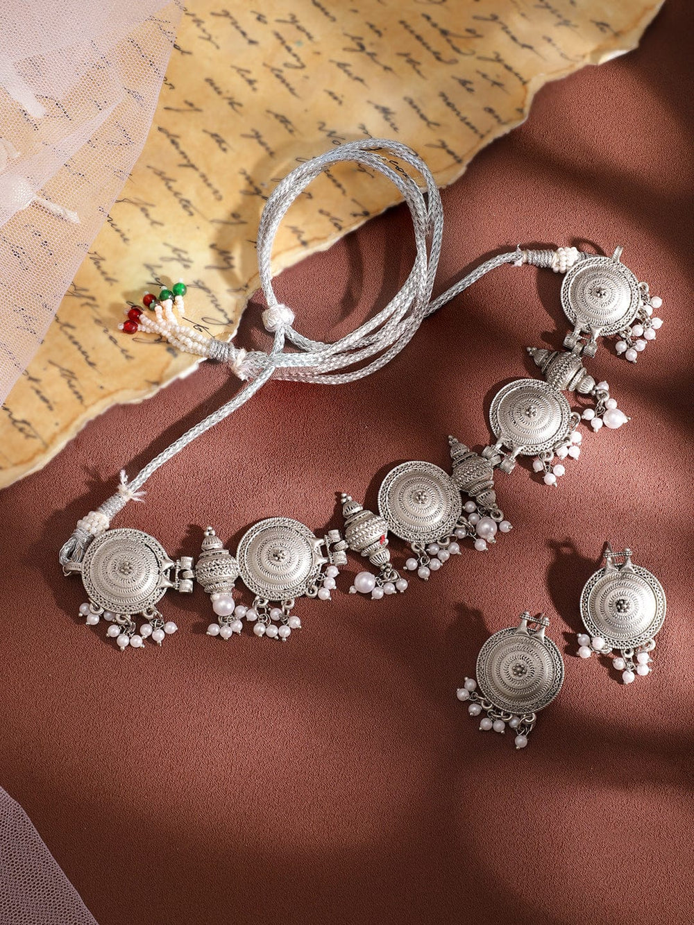Rubans Women's Silver Oxidised white beaded jewellery set Jewellery Set
