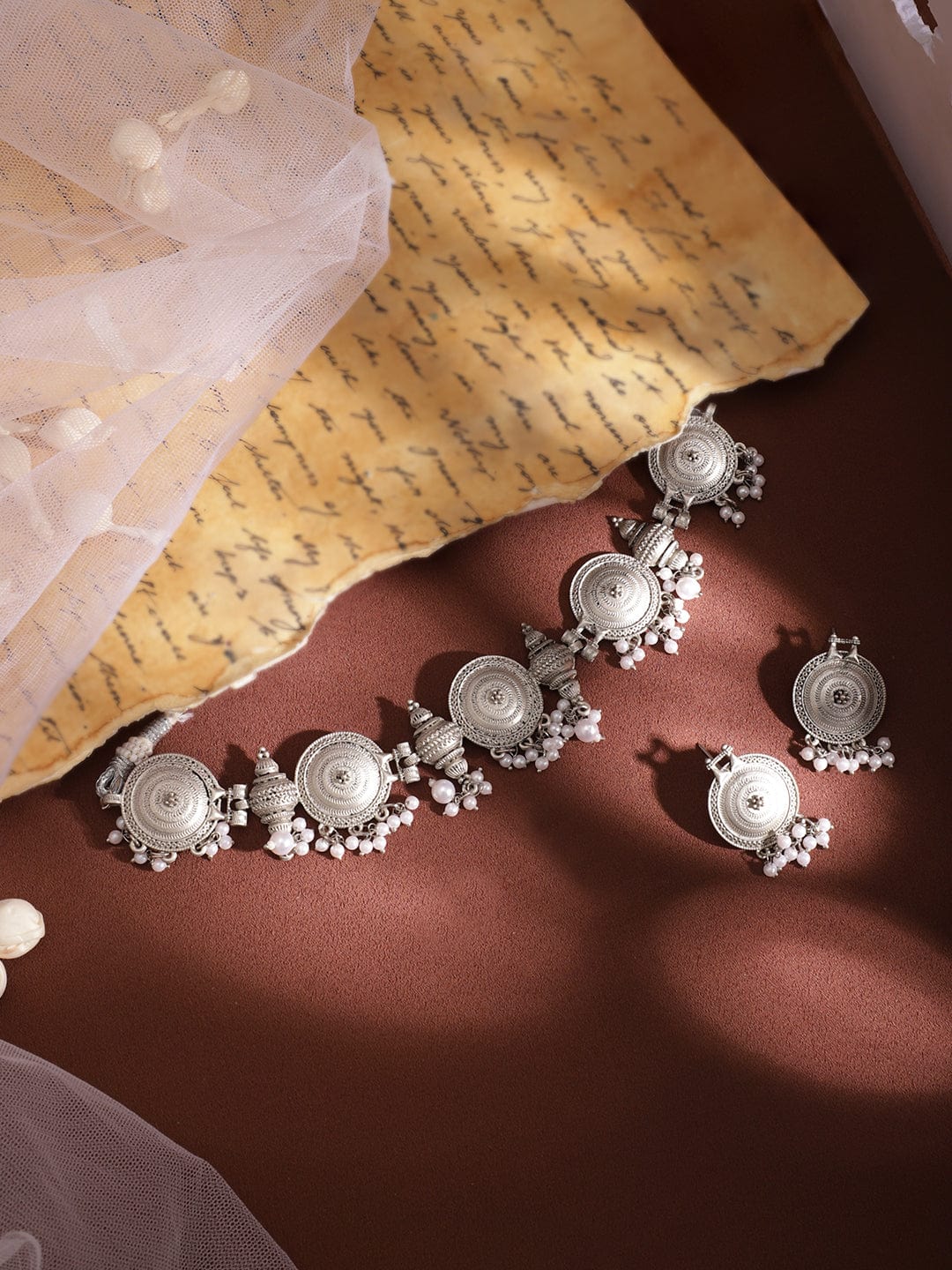 Rubans Women's Silver Oxidised white beaded jewellery set Jewellery Set