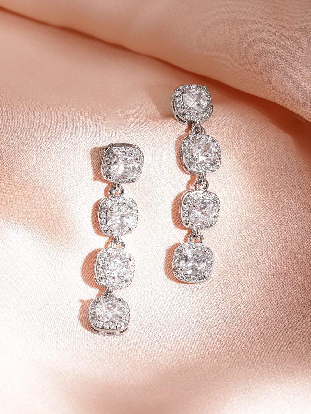 Rubans Women's Silver Plated 4 Leaf Clover American Diamond Studed Drop Earrings Earrings