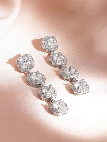 Rubans Women's Silver Plated 4 Leaf Clover American Diamond Studed Drop Earrings Earrings